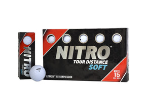 Nitro Tour Distance Soft 15 Pack white golf balls, front view, designed for long, straight drives.