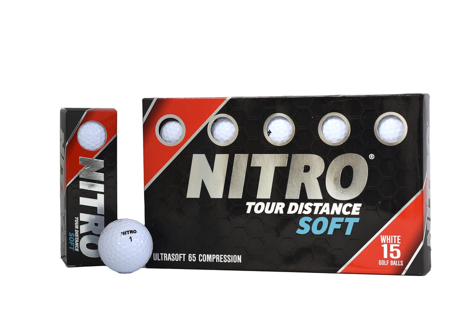 Nitro Tour Distance Soft 15 Pack white golf balls, front view, designed for long, straight drives.