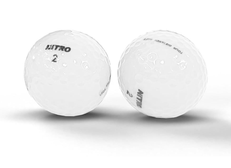 Nitro Tour Distance Soft 15 Pack white golf balls, side view, soft feel with durability.