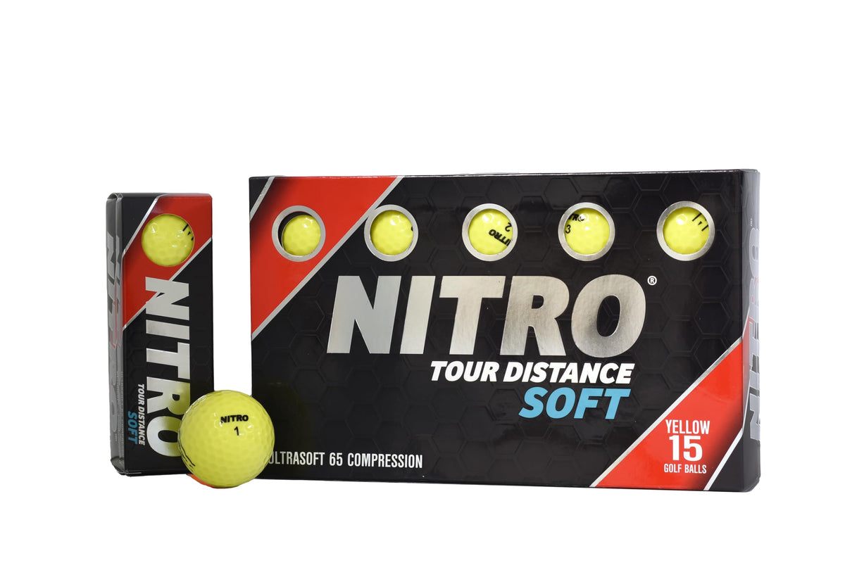Nitro Tour Distance Soft 15 Pack yellow ball—soft feel for greens and long-distance shots