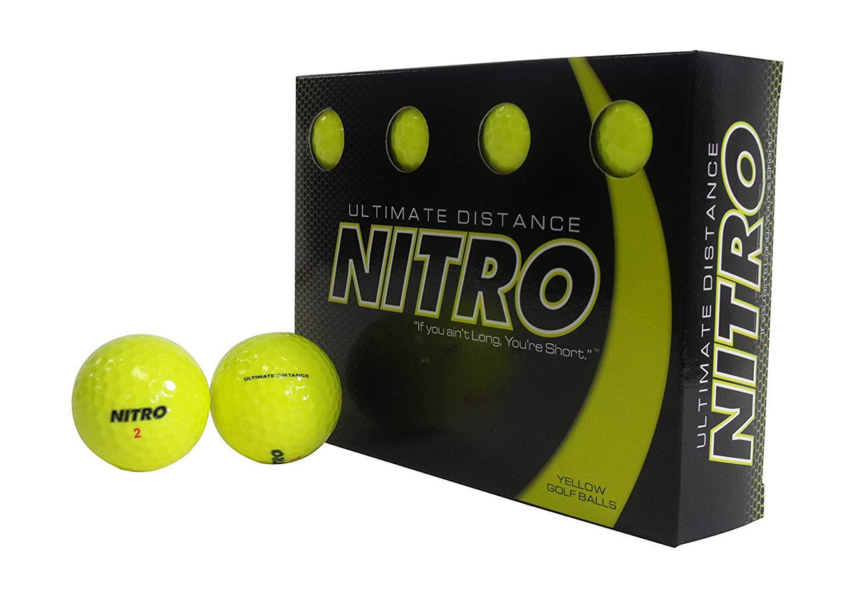 Nitro Ultimate Diatance golf balls, front view, for longer drives.