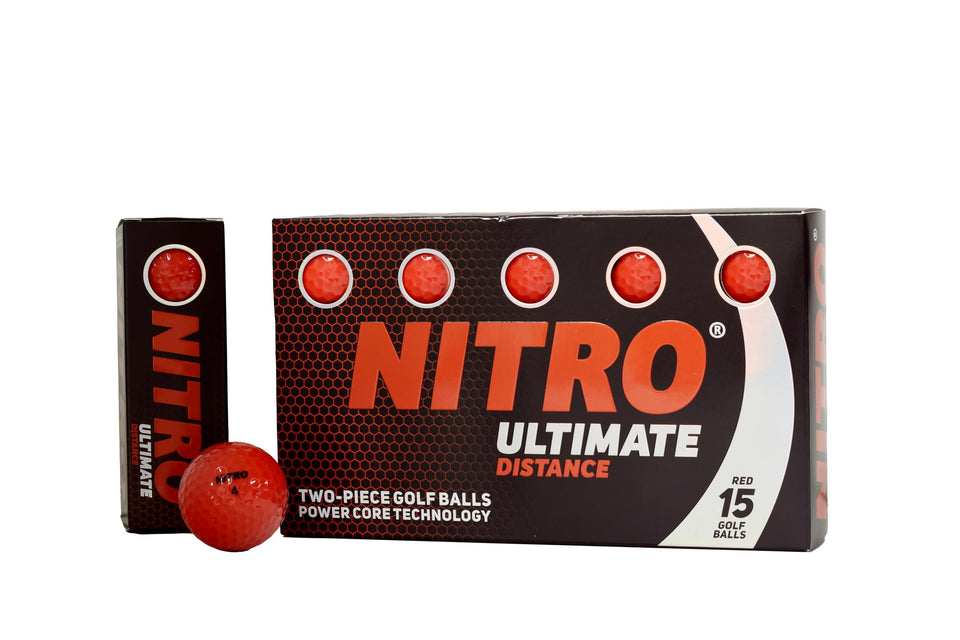 Nitro Ultimate Distance Red golf balls front view highlighting high visibility and distance potential