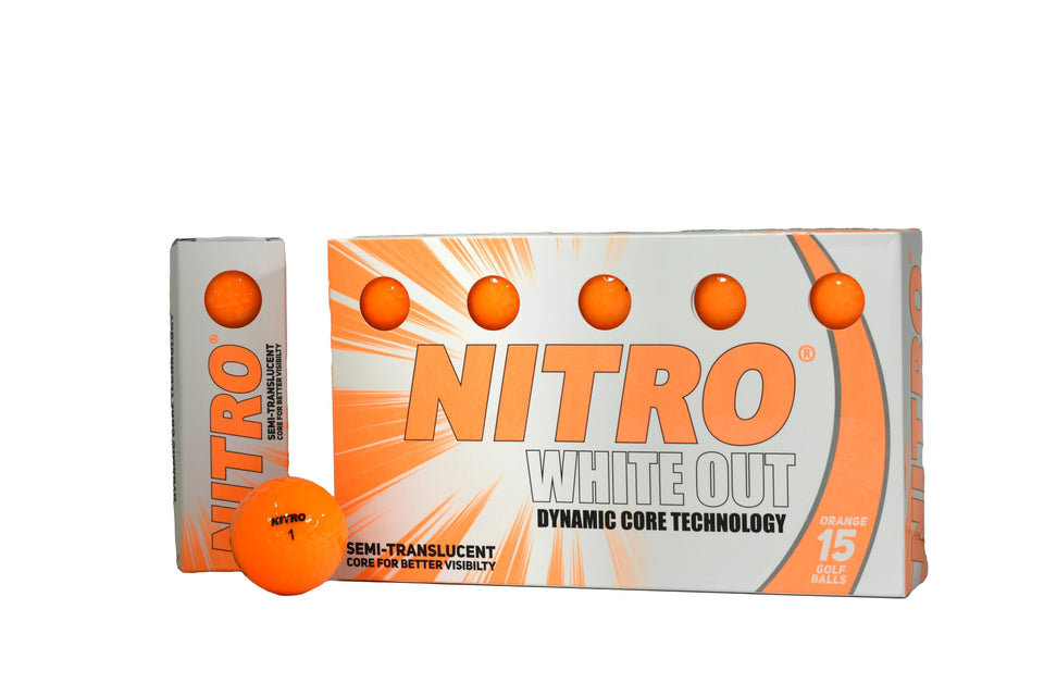 Nitro White Out golf ball in bright orange improves visibility and tracking on the course