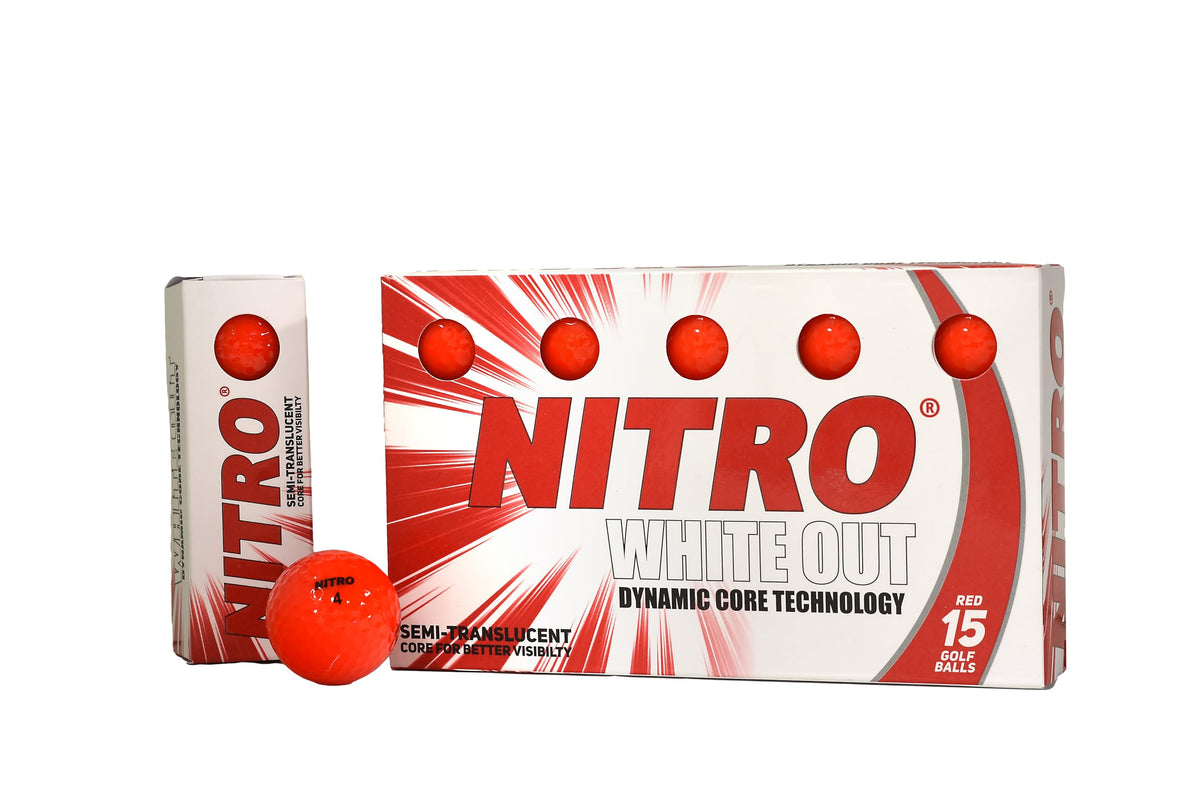 Nitro White Out golf balls 15-pack red for high visibility and long-distance shots.