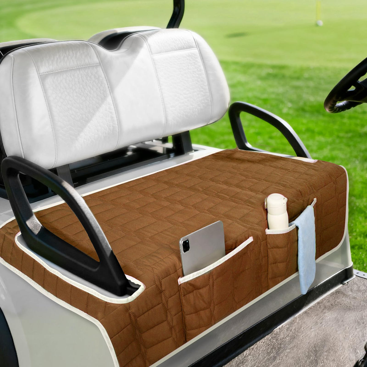 Niuartu golf cart seat cover on bench showing seat protection during daily rides