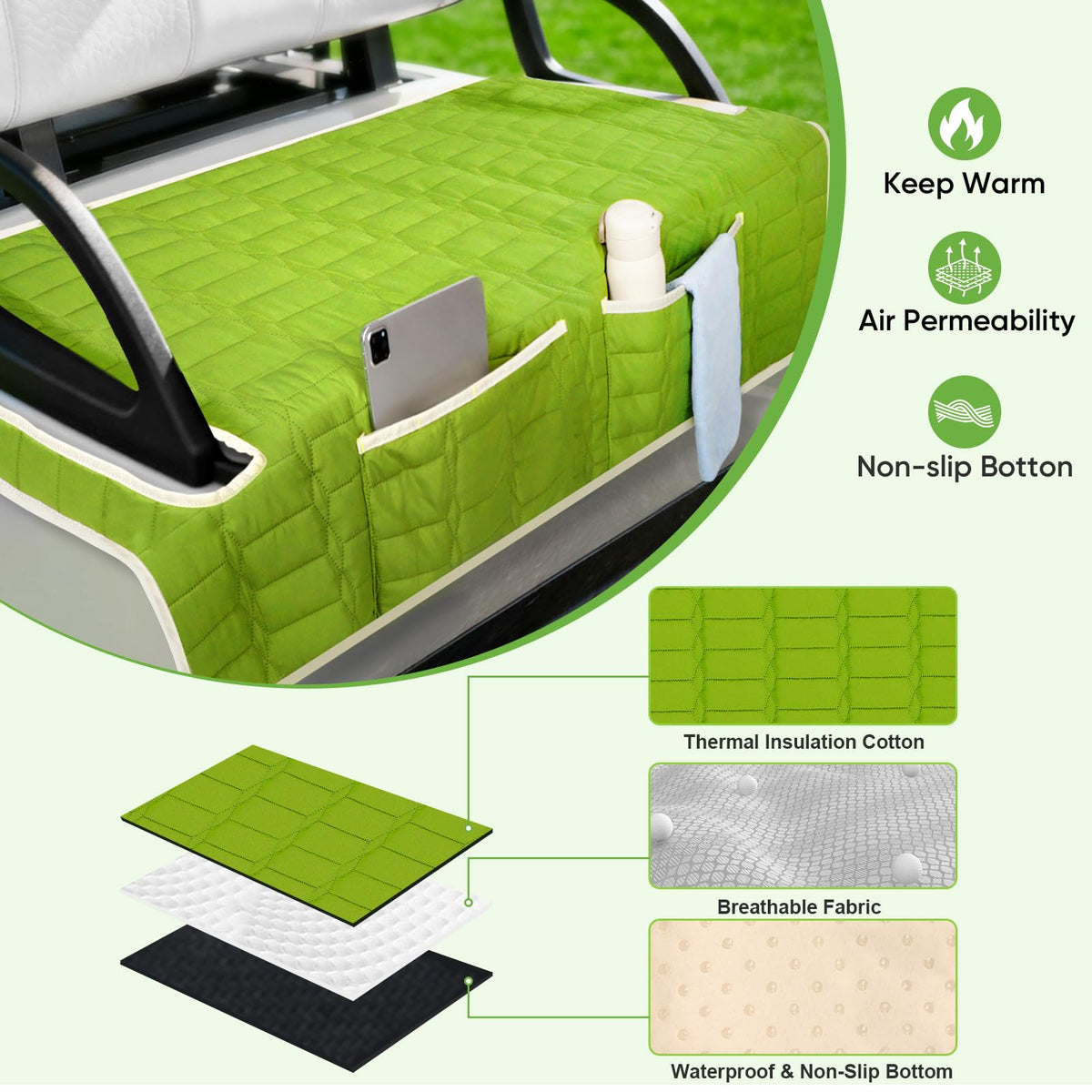 Niuartu Golf Cart Seat Cover non-slip backing enhances seating stability during drives.