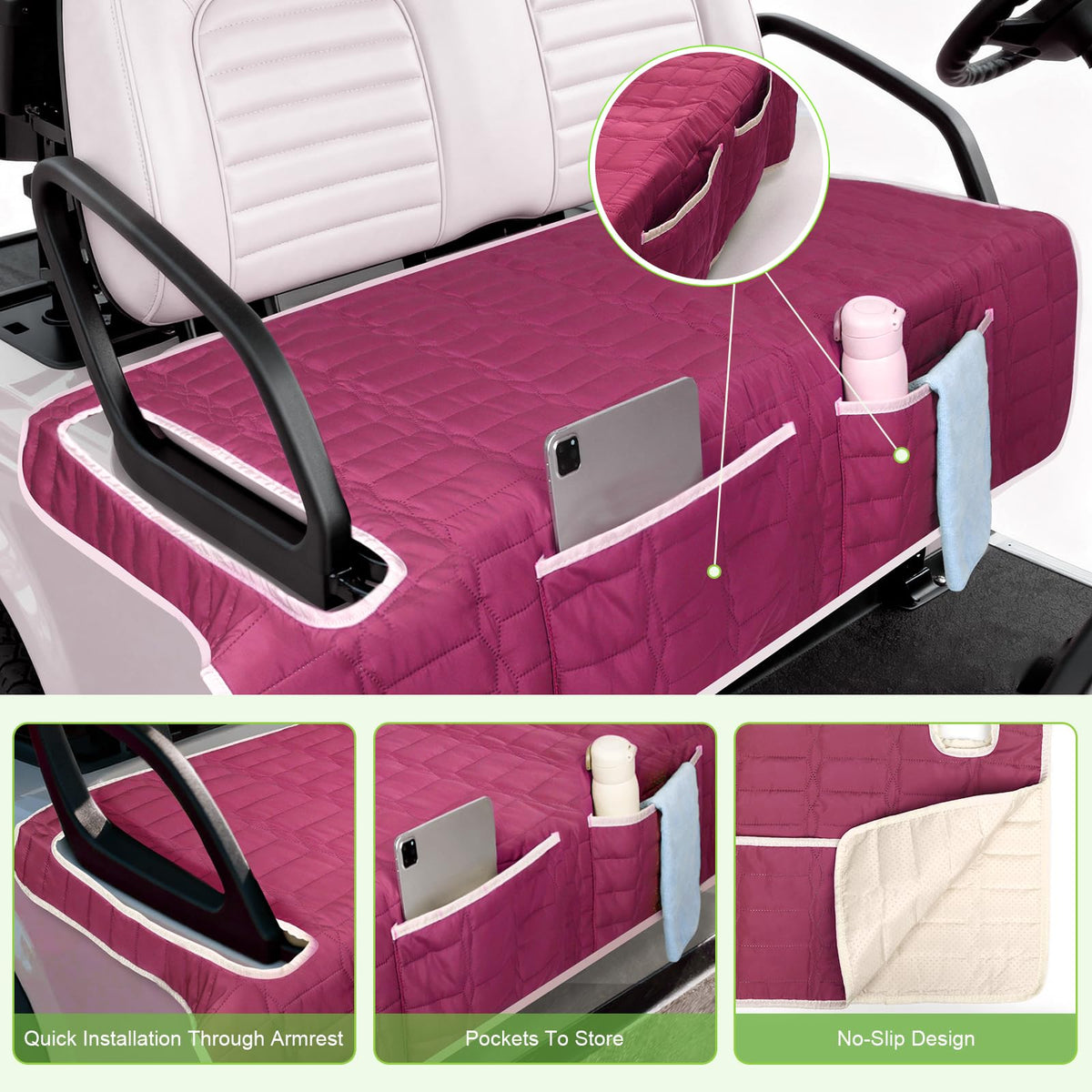 Niuartu golf cart seat cover rear view highlights built-in storage pockets.