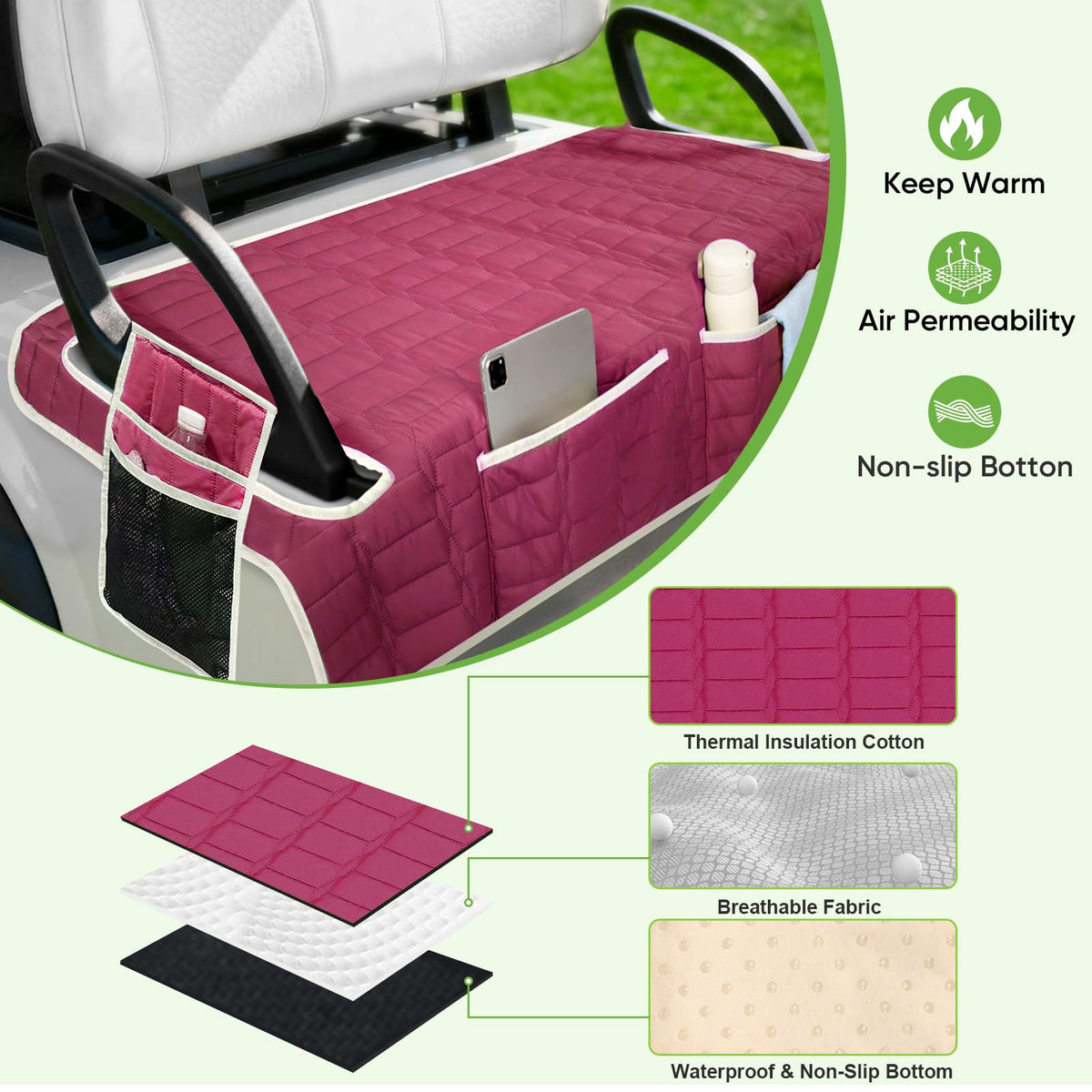 Built-in storage pockets for tees, gloves, or drinks during a round