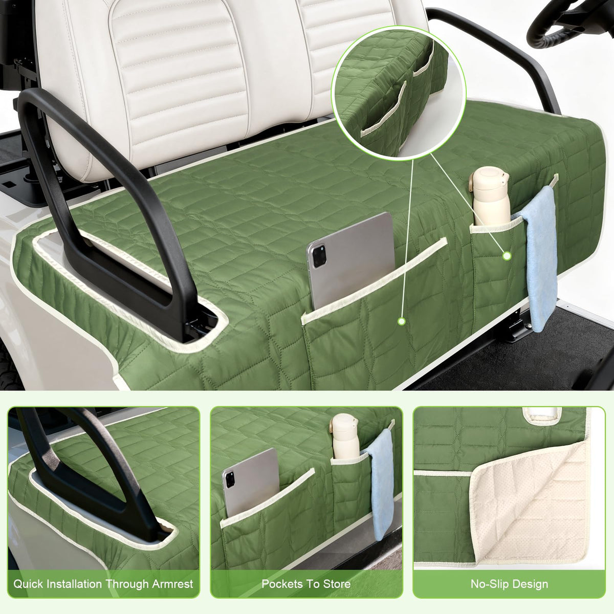 Niuartu golf cart seat cover showing built-in storage pockets