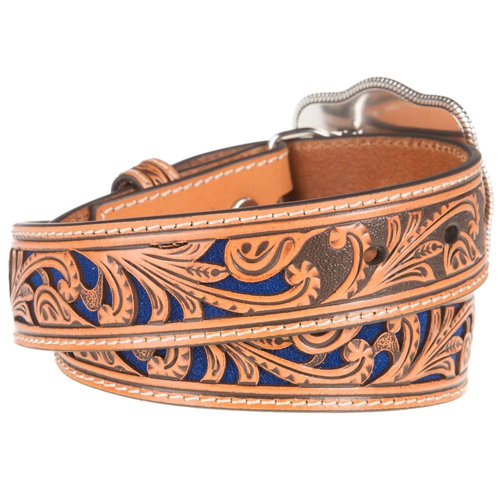 Nocona Boots brown belt with blue inlay scroll boosts rugged western style