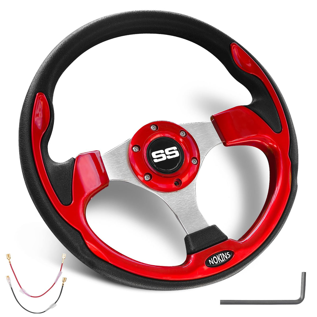 NOKINS 12.5-inch red steering wheel for easy, comfortable golf cart steering.