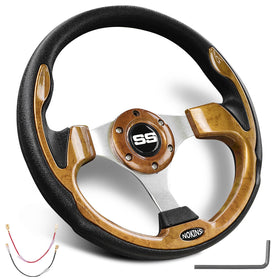 NOKINS 12-5-inch wood steering wheel front view improves grip and control on the cart.