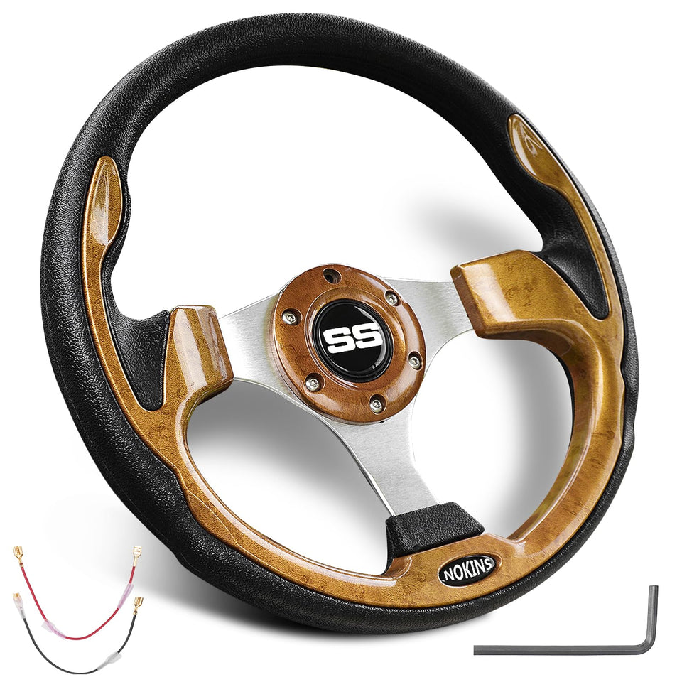 NOKINS 12-5-inch wood steering wheel front view improves grip and control on the cart.