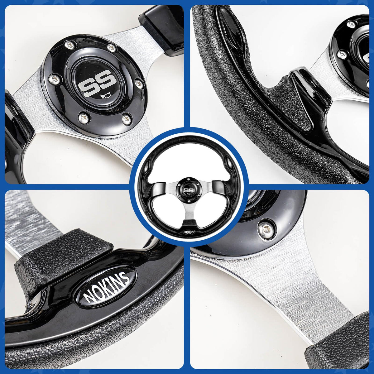 NOKINS black steering wheel fits Club Car DS; non-slip grip.
