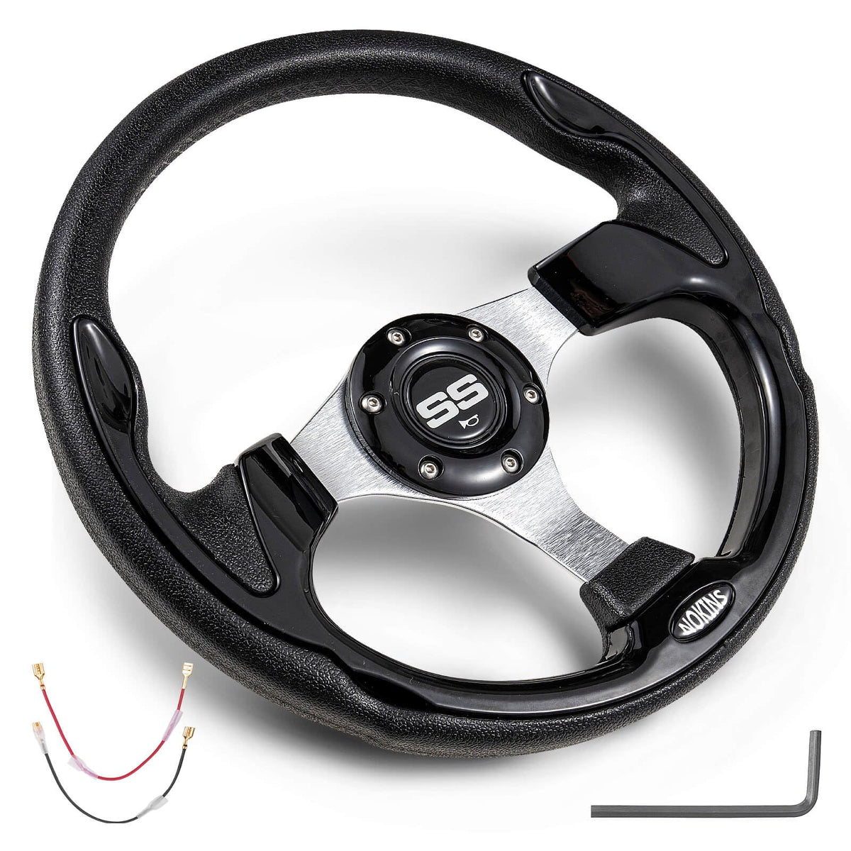 NOKINS 12.5-inch wheel fits EZGO; comfortable grip for precise steering.