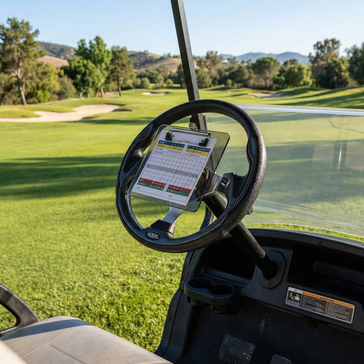 NOKINS steering wheel mounted on cart demonstrates comfortable grip and improved control.