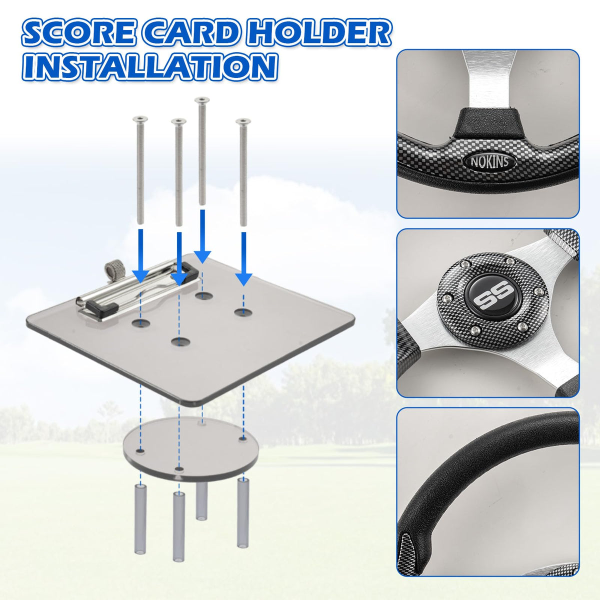 NOKINS 12.5-inch universal-fit diagram shows compatibility with EZGO, Club Car, and Yamaha.