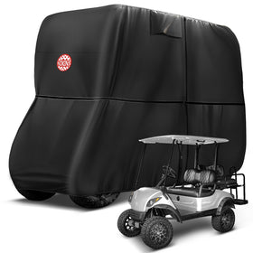 NOKINS 420D golf cart cover on Yamaha Drive 2 with 2+2 seating, side view for weather protection.