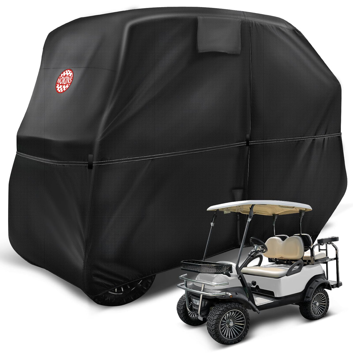 NOKINS 420D golf cart cover front view showing 2+2 fit and rain protection