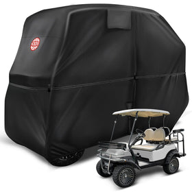 NOKINS 420D golf cart cover front view showing 2+2 fit and rain protection