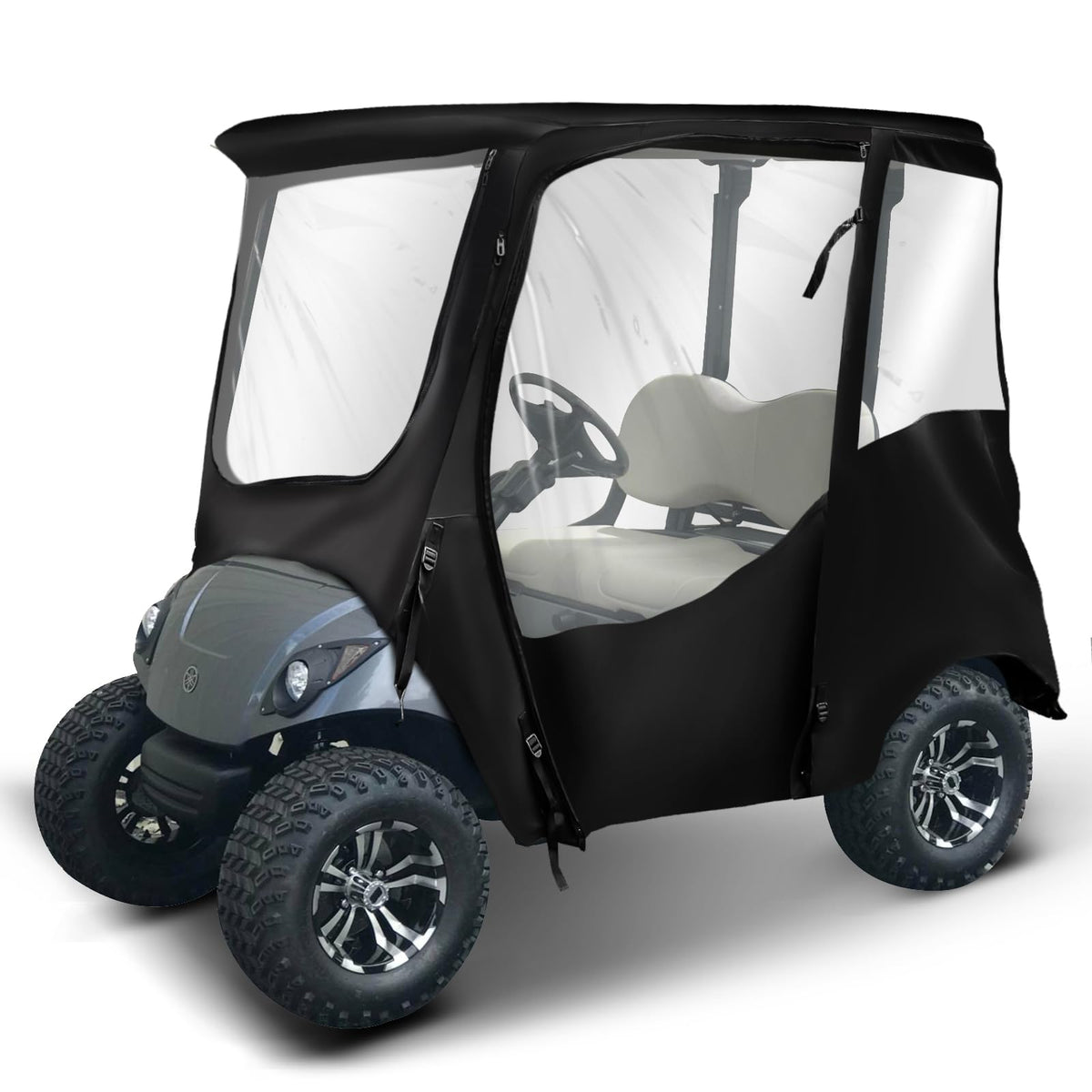 NOKINS 600D enclosure front view on Yamaha golf cart, showcasing weather protection and visibility