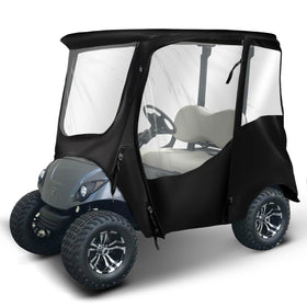 NOKINS 600D enclosure front view on Yamaha golf cart, showcasing weather protection and visibility