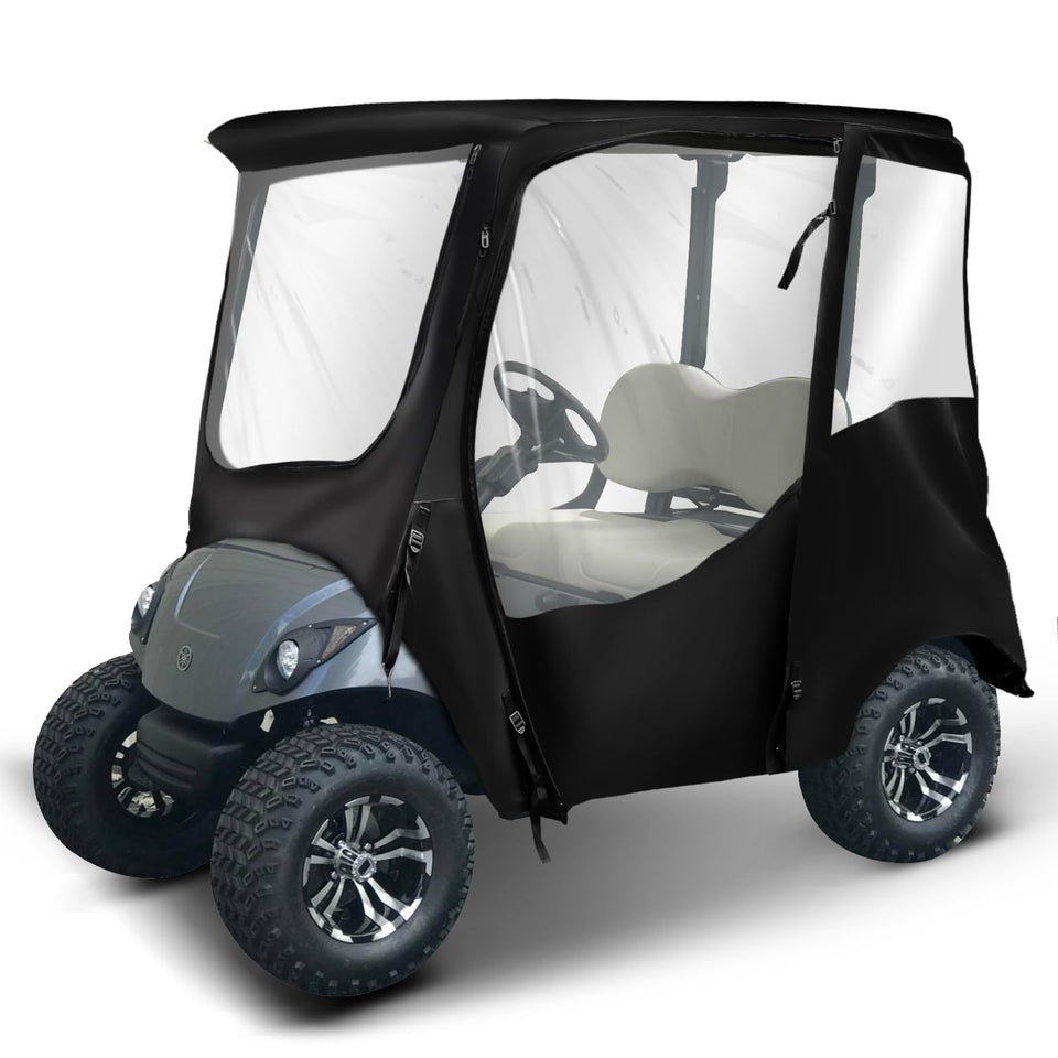 NOKINS 600D enclosure front view on Yamaha golf cart, showcasing weather protection and visibility