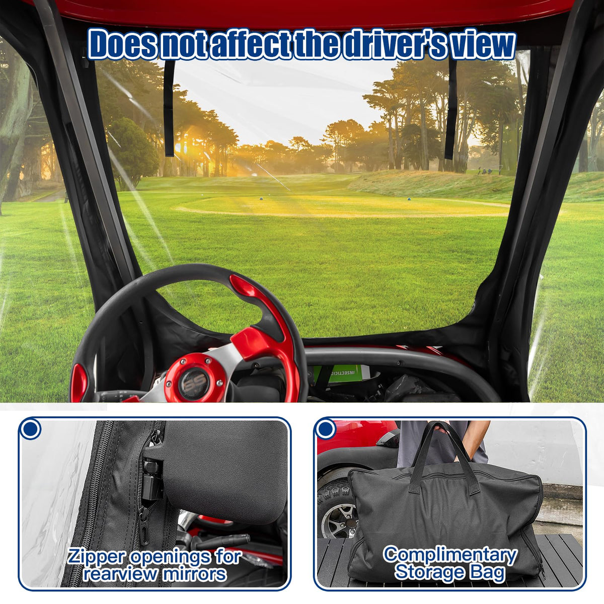 NOKINS 600D panoramic windshield for clear sightlines on Yamaha golf cart