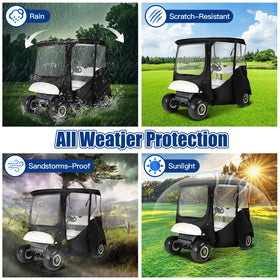 NOKINS 600D all-weather protection features on the golf cart enclosure.