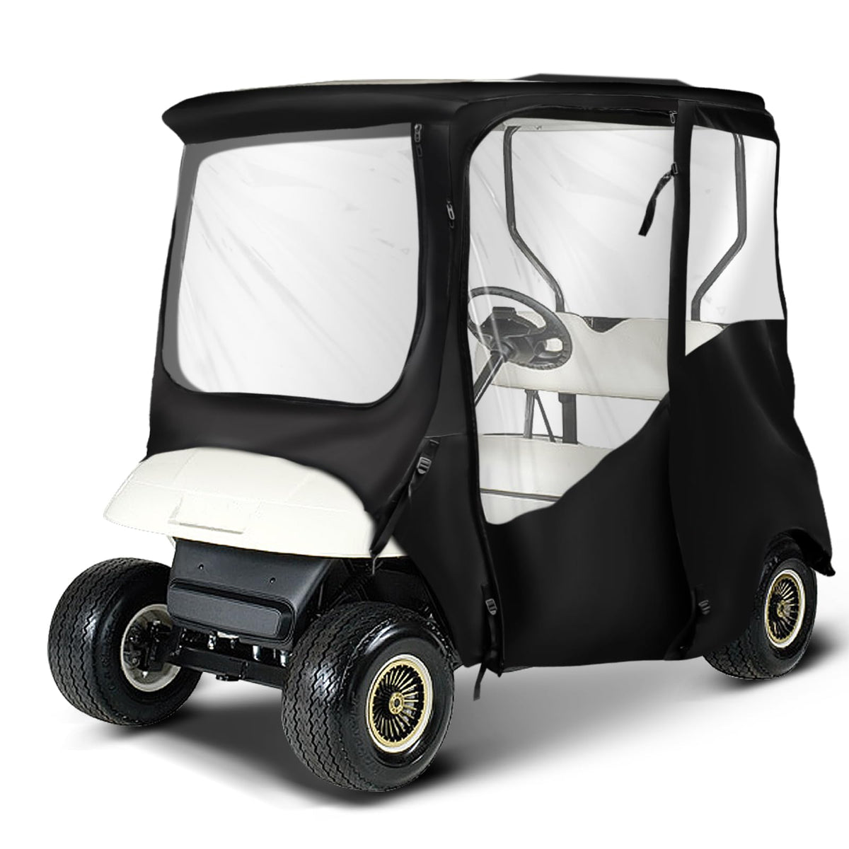 NOKINS 600D enclosure front view protects EZGO TXT/RXV from rain and wind.