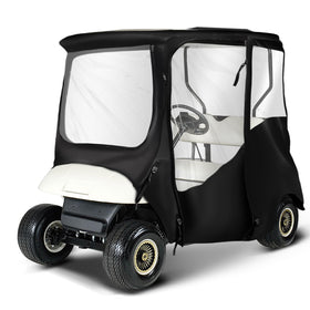 NOKINS 600D enclosure front view protects EZGO TXT/RXV from rain and wind.