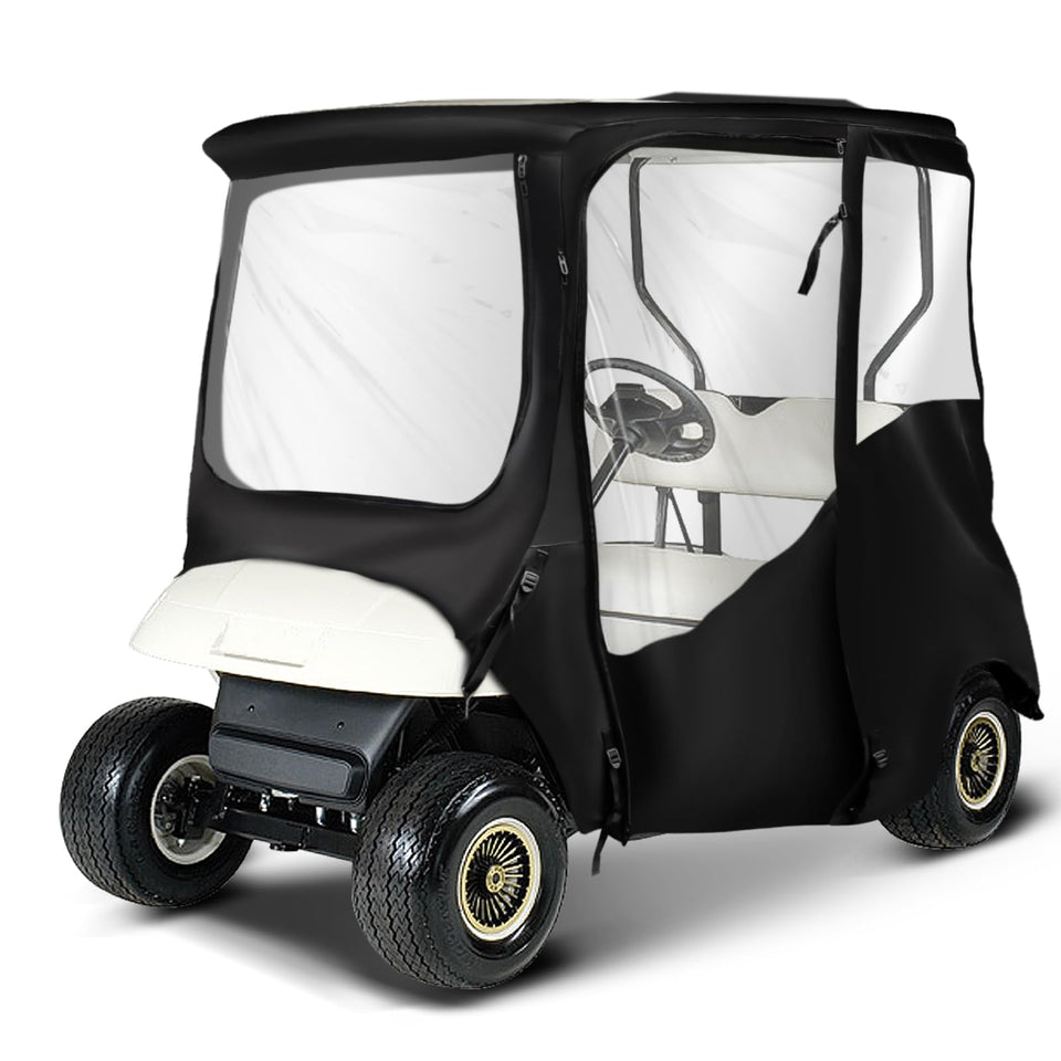 NOKINS 600D enclosure front view protects EZGO TXT/RXV from rain and wind.
