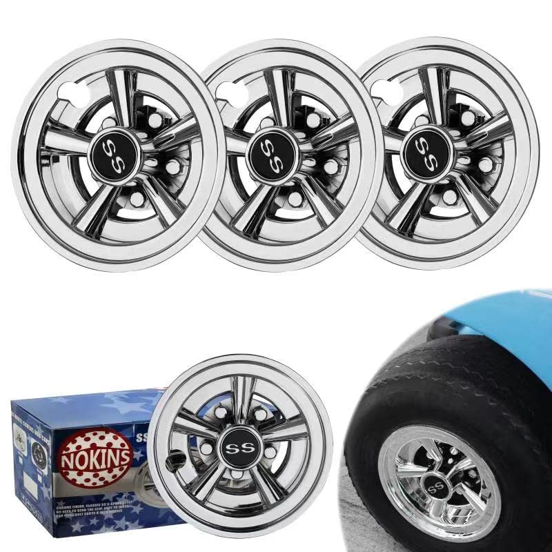 NOKINS 8-inch chrome hub caps on EZGO wheels for a premium look