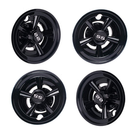 NOKINS 8-inch chrome wheel covers on a golf cart for a polished finish