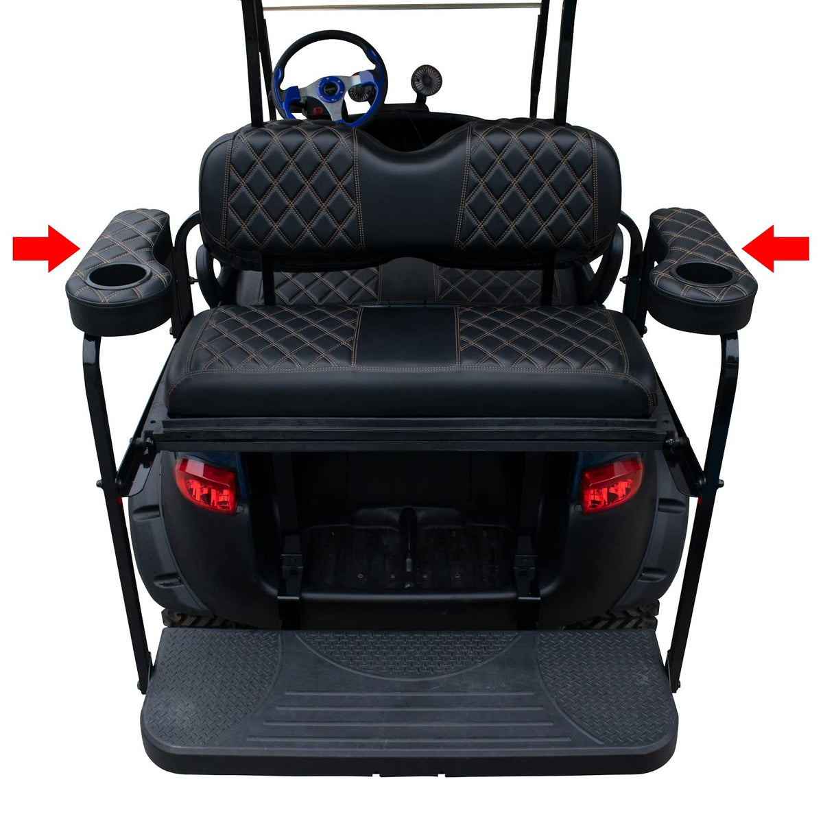 Damping hinge on 1-inch square armrest prevents bounce during rides