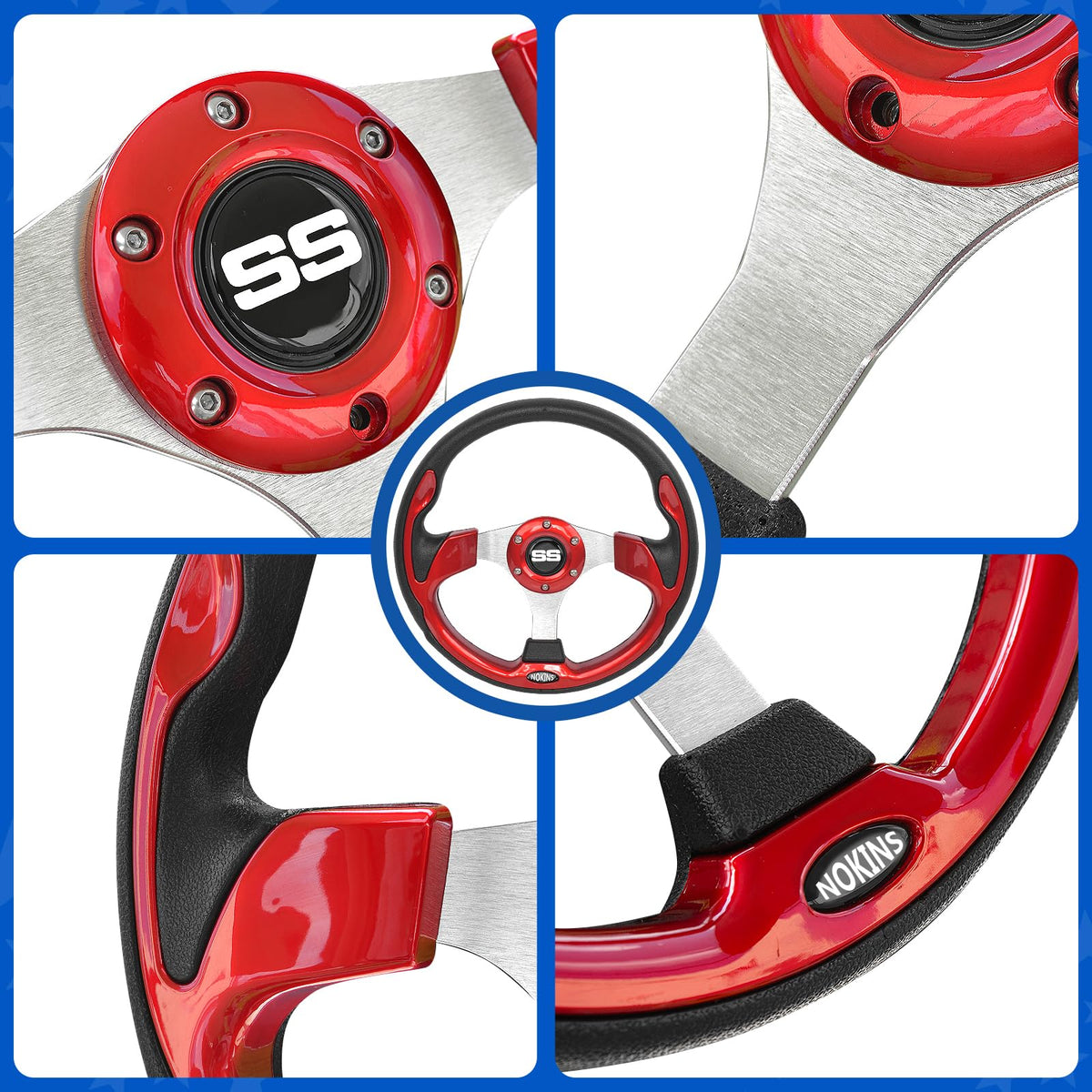 NOKINS Club Car DS/Precedent red steering wheel for reliable, ergonomic control.