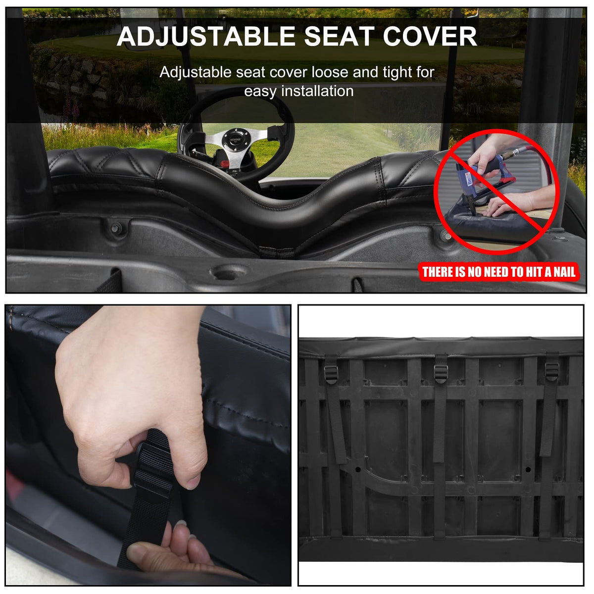 NOKINS Club Car Precedent front-seat cover fit for tool-free installation.