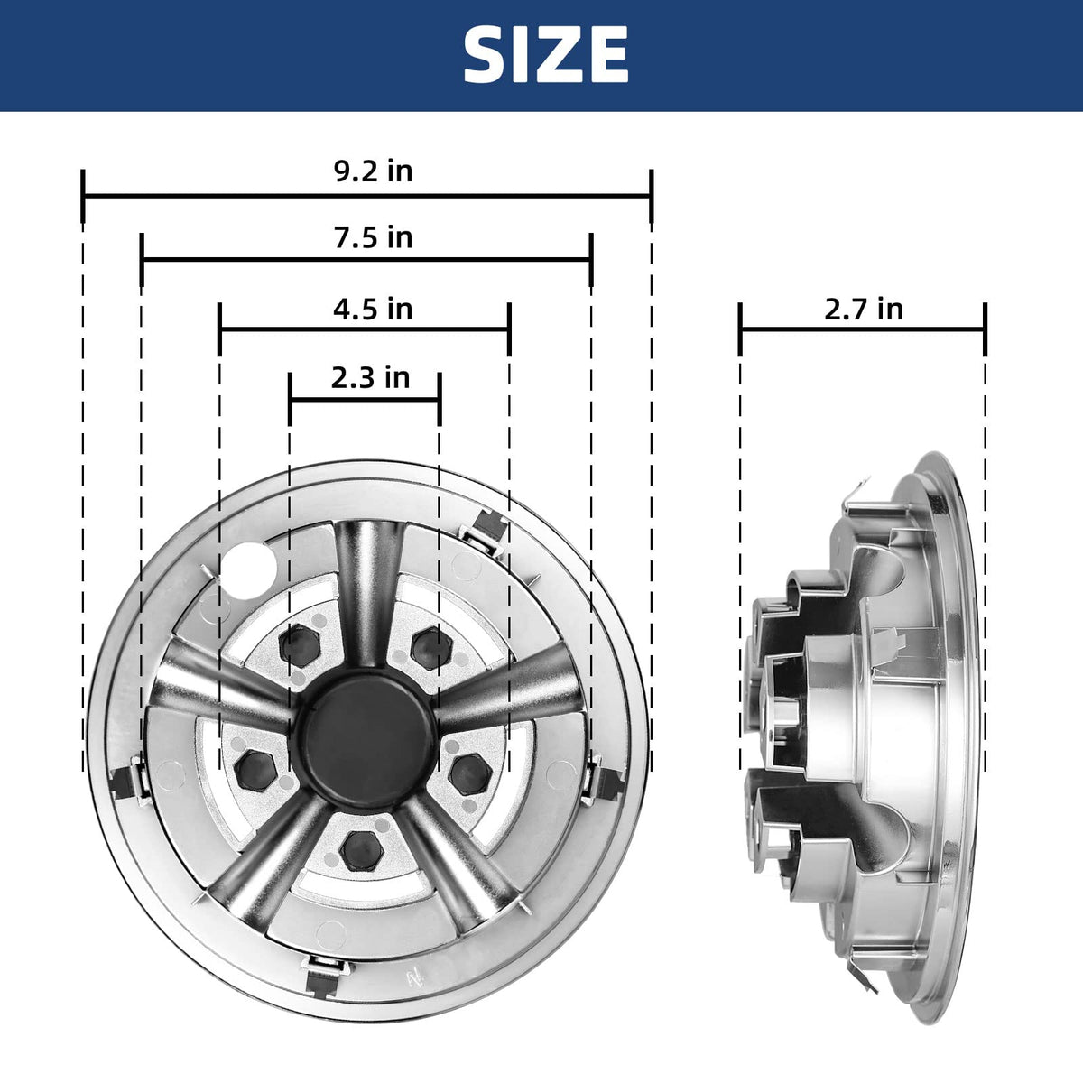 NOKINS easy-install chrome hubcaps click into place for quick cart upgrades.