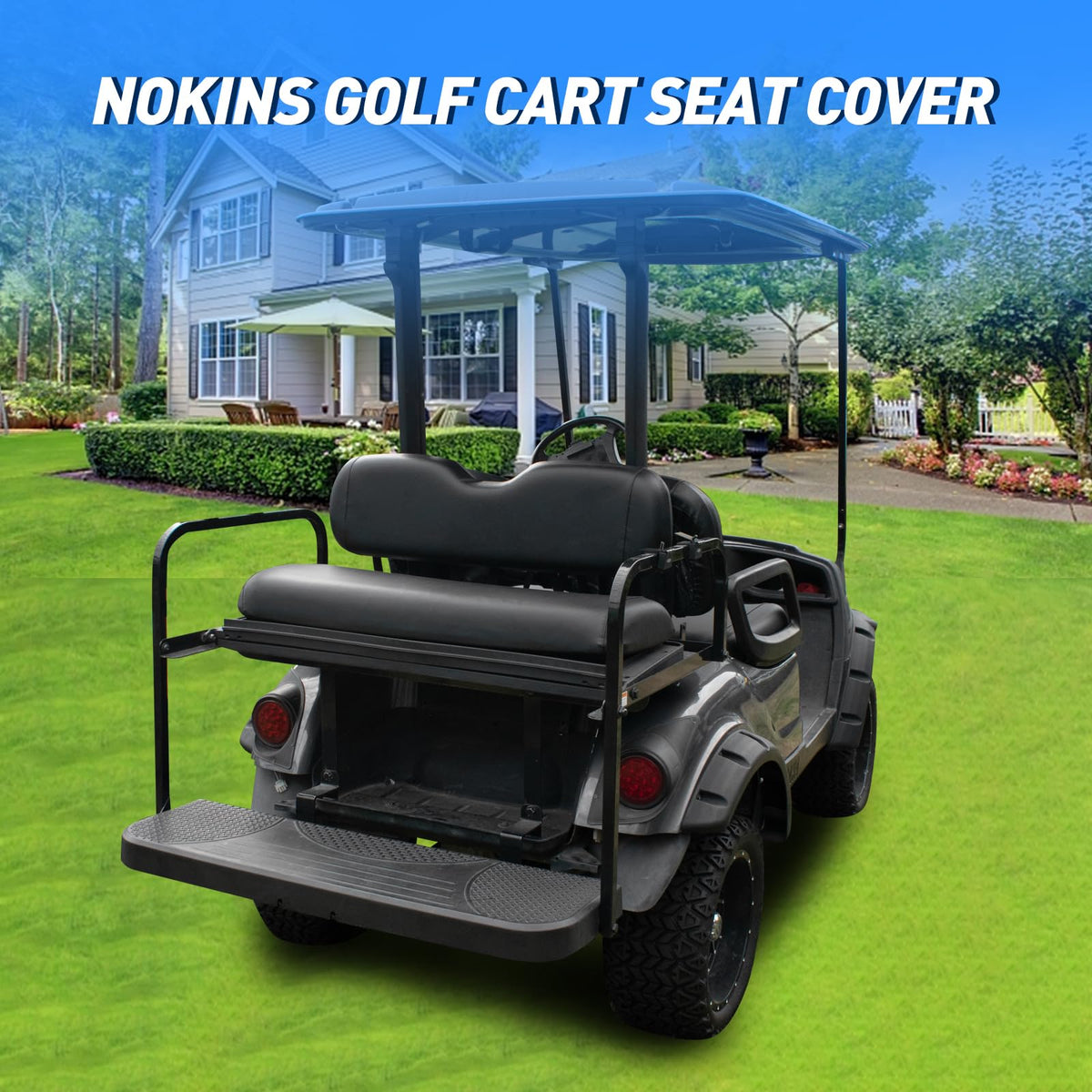 NOKINS compatibility illustration for EZGO, Club Car, and Yamaha rear seats.