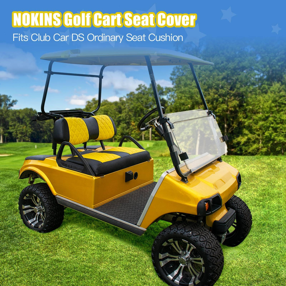 Diamond Yellow-Black design enhances golf cart interior with luxury.