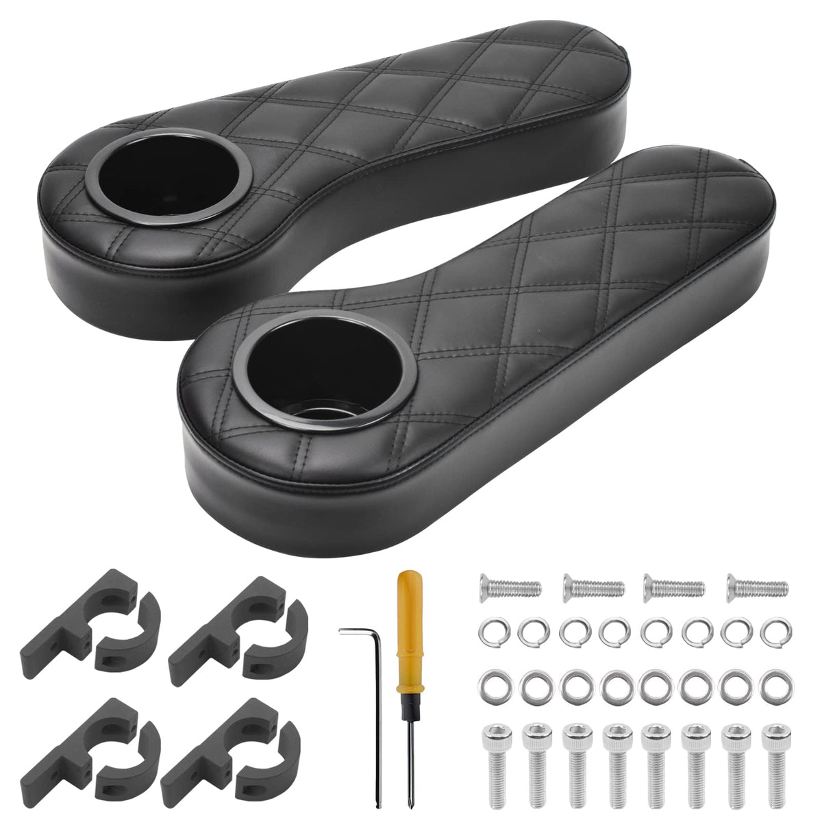 NOKINS Diamond Armrest with cup holder for EV golf carts; no-drill setup.