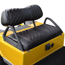 NOKINS Diamond seat cover on Club Car DS front seat, stylish black and brown stitching.