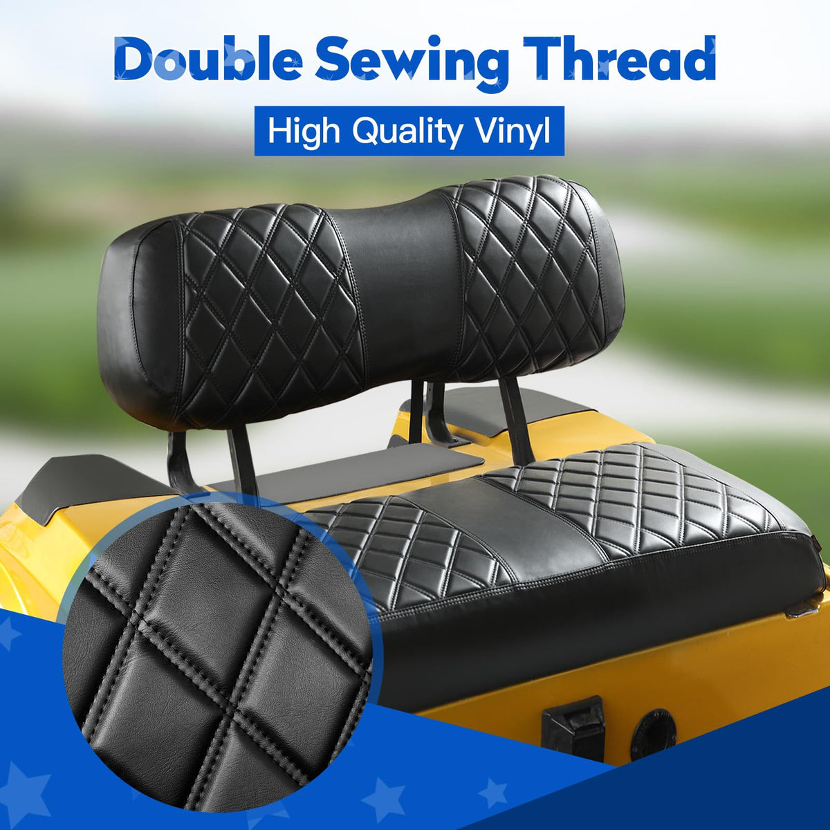NOKINS Diamond seat cover with straps enables simple, nail-free installation on the cart.