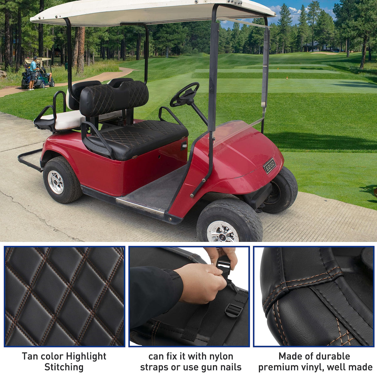 NOKINS durable vinyl golf cart seat cover resists wear for longer rides.