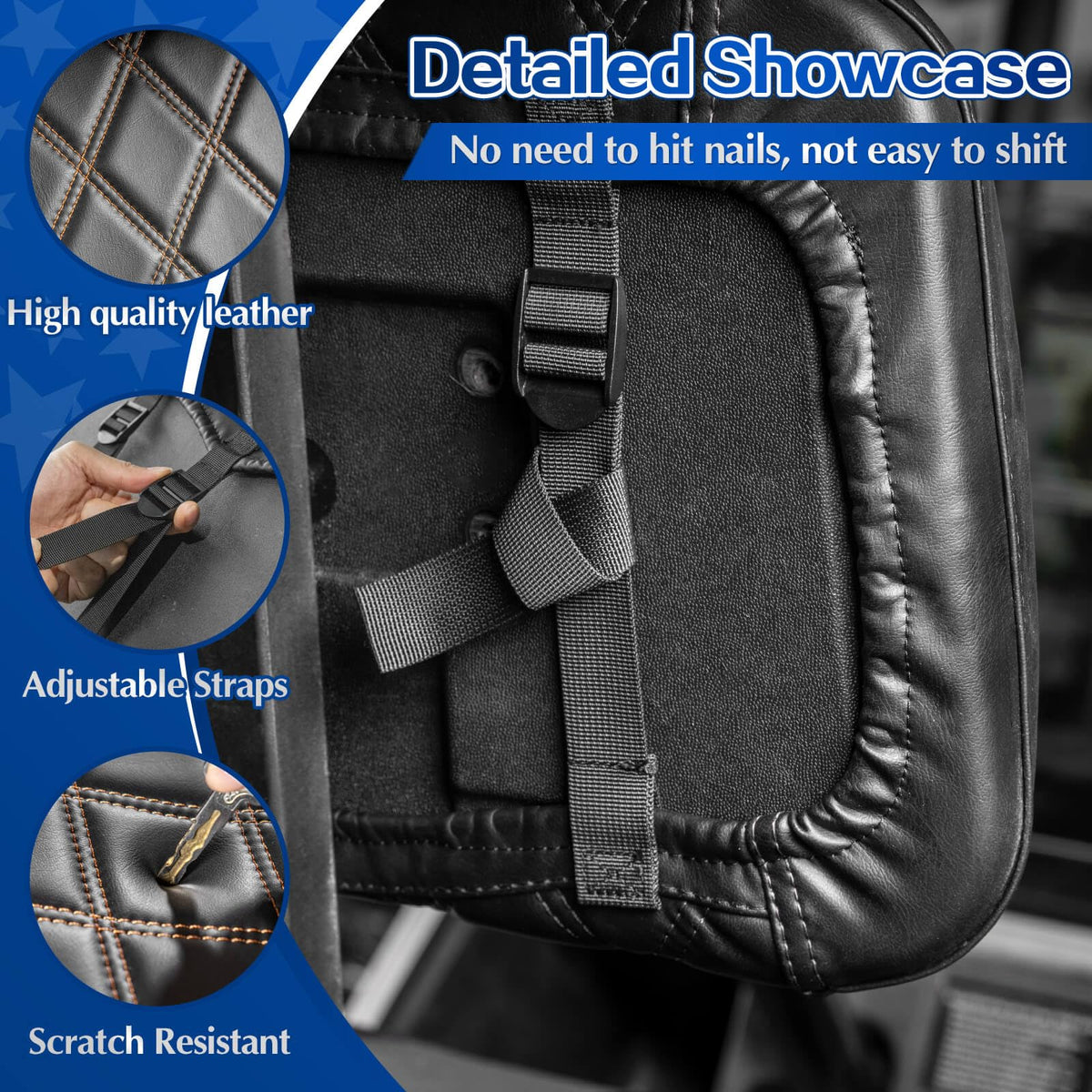 NOKINS easy-install seat cover with adjustable straps, no stapler required.