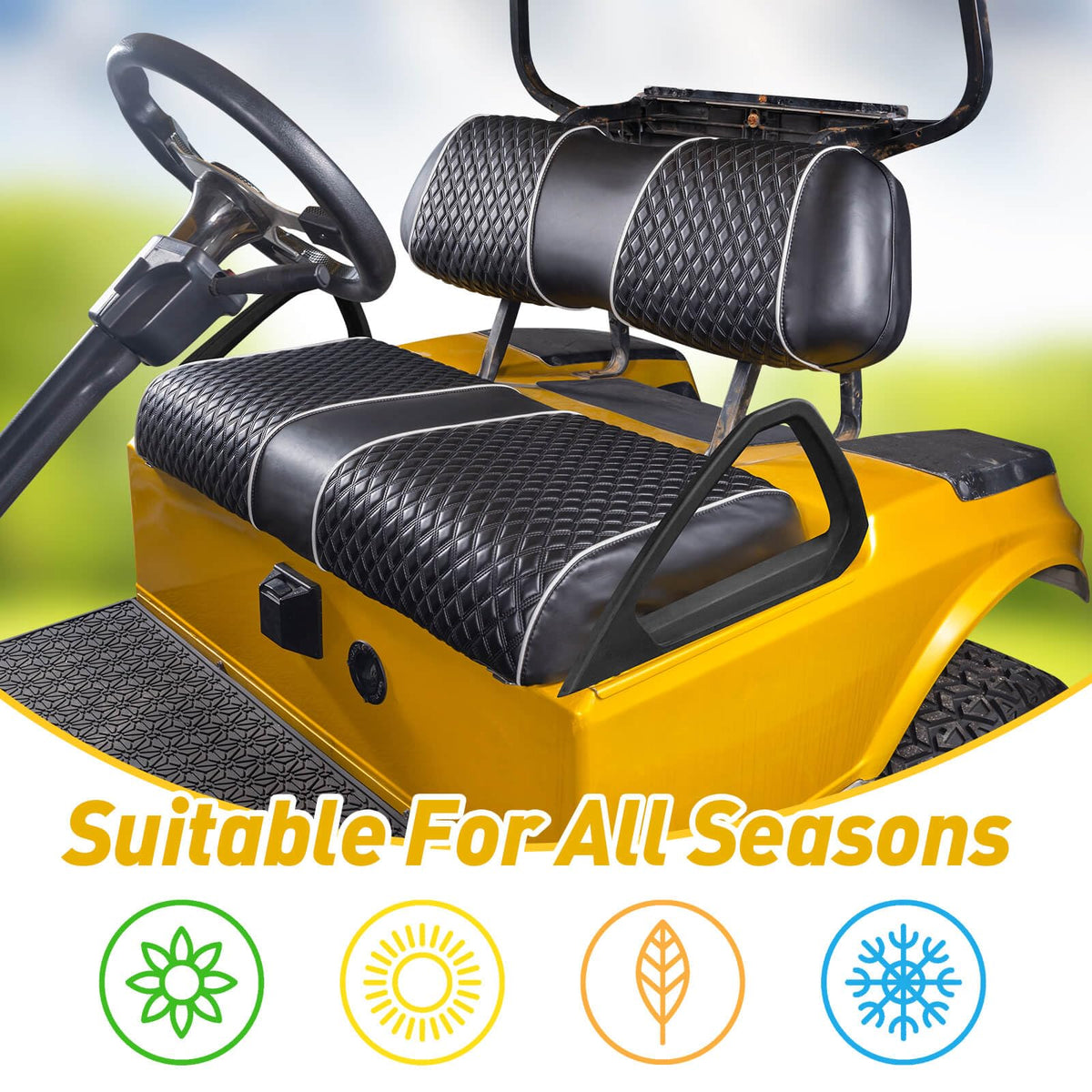 Easy slip-on installation for Club Car DS front seat without tools.