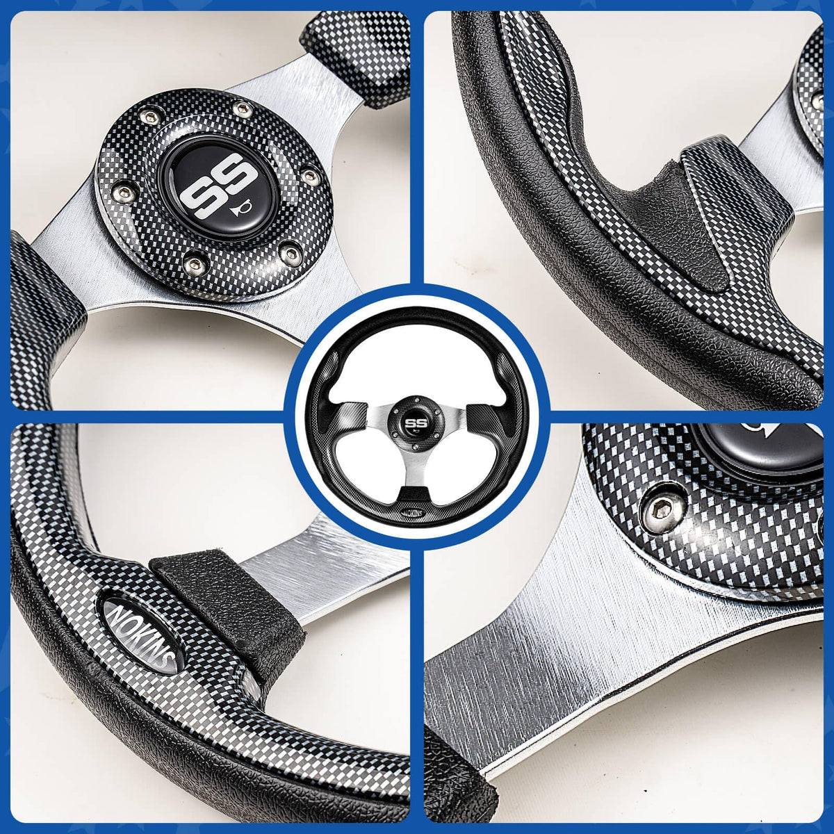 NOKINS ergonomic grip steering wheel enhances driving comfort.
