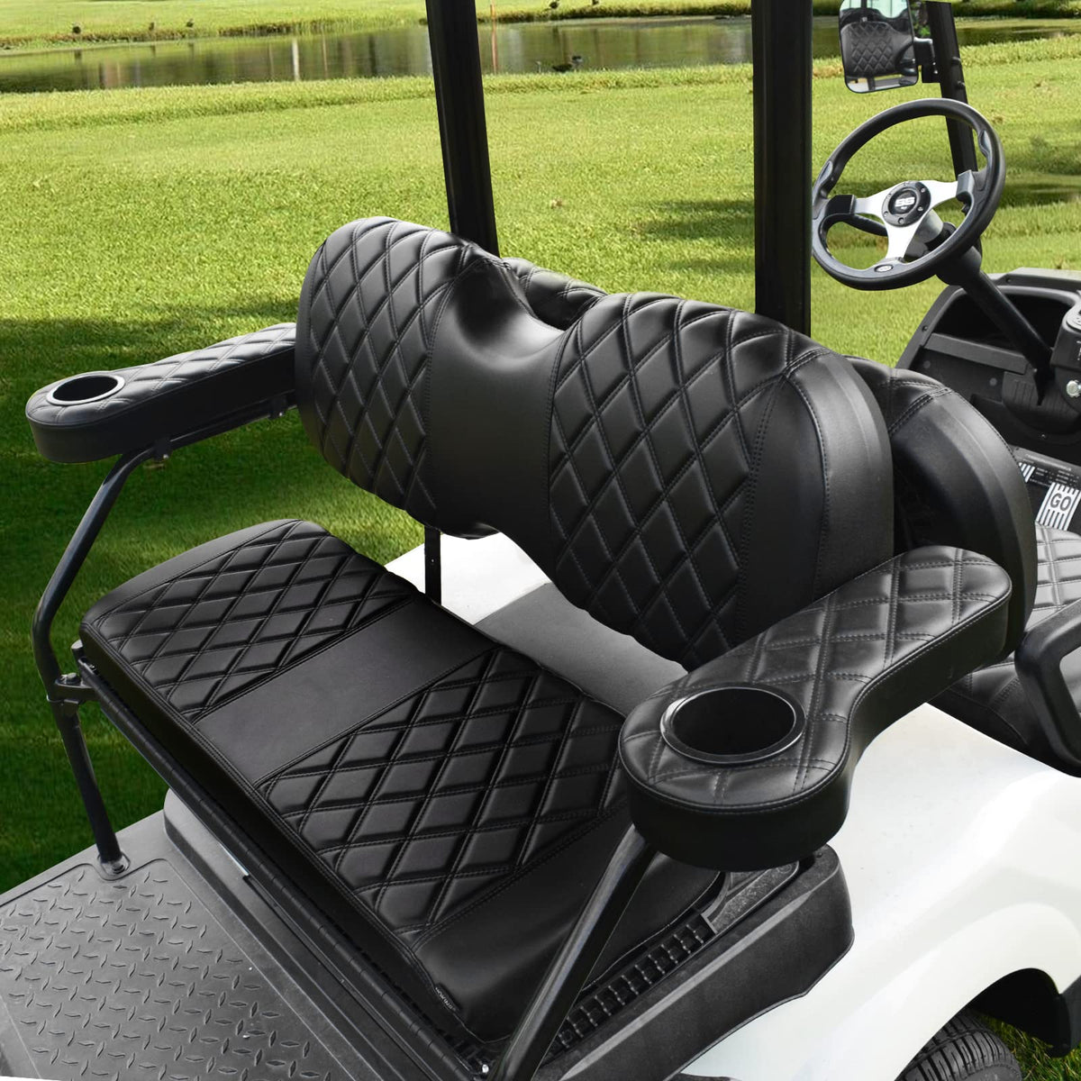 NOKINS EV golf cart fitment for circular frame rear seat enhances convenience.