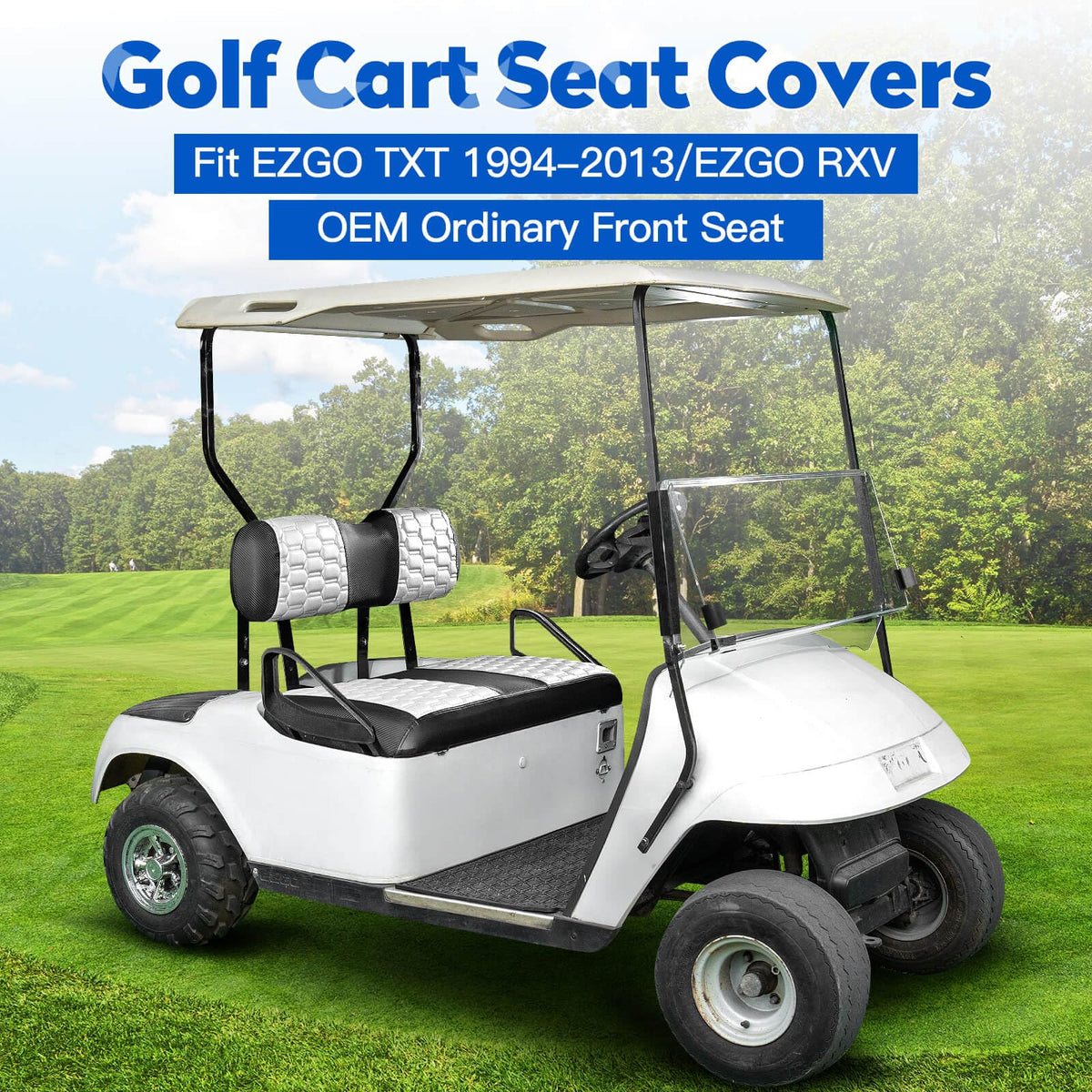 NOKINS EZGO RXV front seat cover with straps for quick, secure fit.