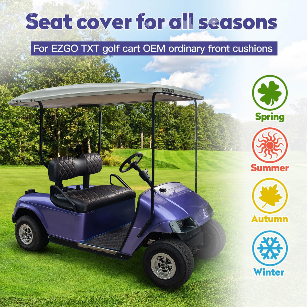 NOKINS EZGO TXT front seat cover close-up shows durable vinyl and rich stitching.